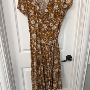 Mustard Floral Wrap Midi Dress